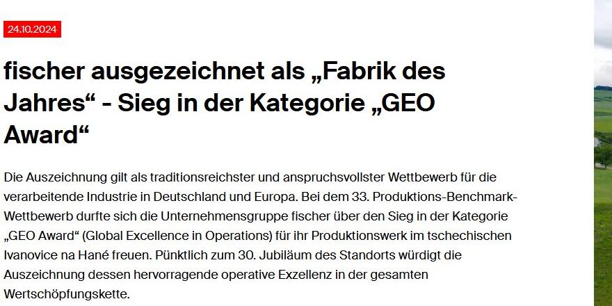 Feature-Bild zur Pressemitteilung fischer gewinnt bei Fabrik des Jahres